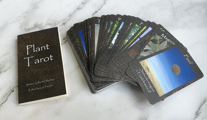 Plant Tarot cards and book on a marble surface
